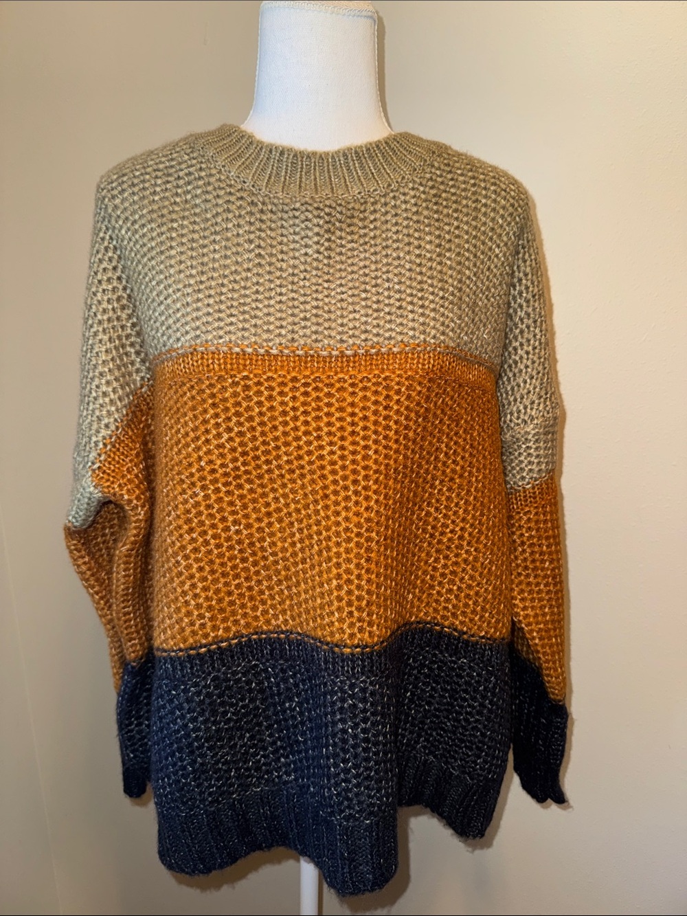 New Sweet Lovely Colorblock Crewneck Sweater in Mustard, Olive & Navy - S/M